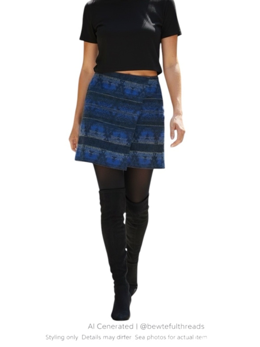 Y2K Blue Tribal Wool Blend Mini Skirt S Faux Wrap Indie Grunge